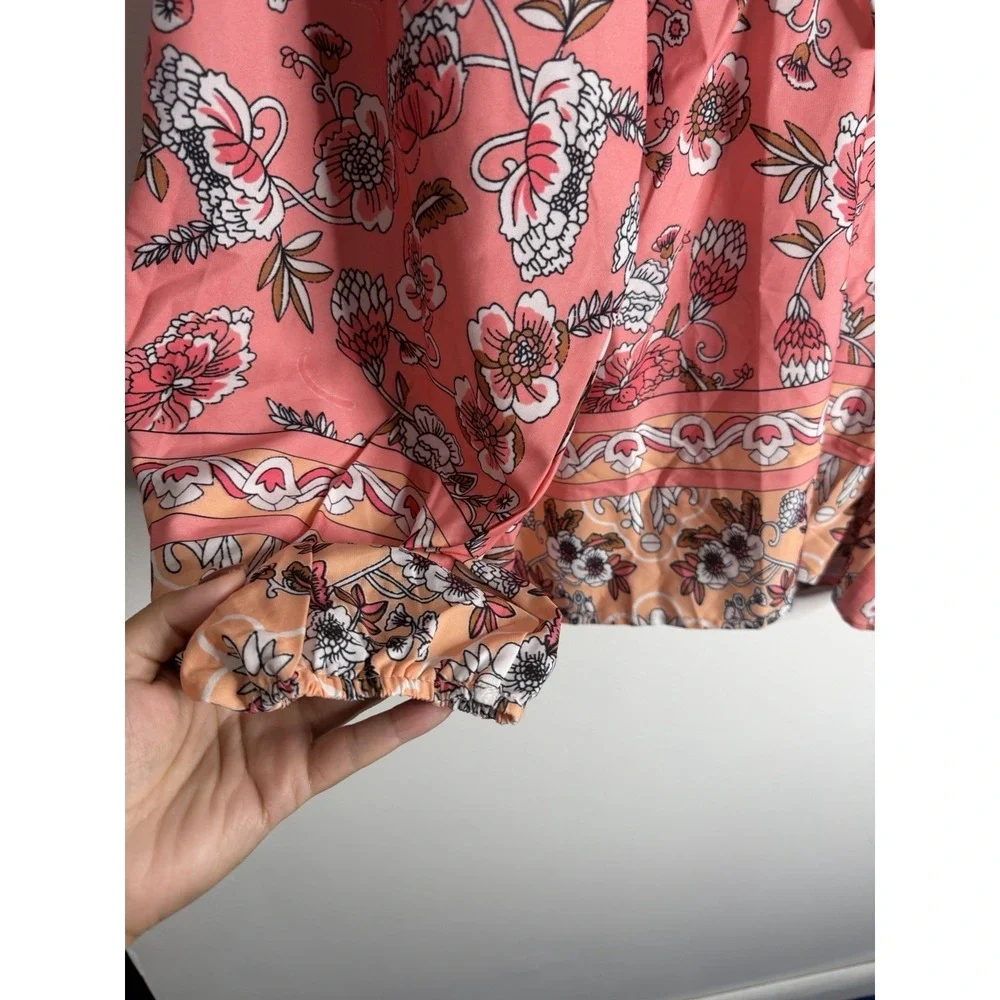 NEW Boho Floral Peasant Blouse Tie Neck Long Sleeve Coral Pink XL Flowy Spring - Picture 7 of 8